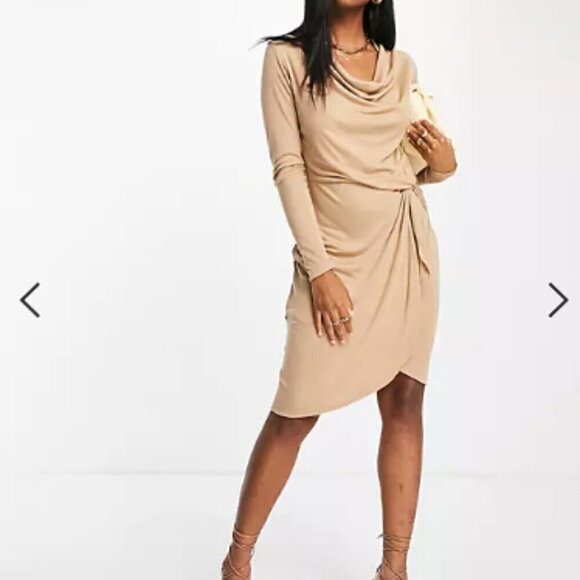 Ted Baker Camel Neyda Draped Long Sleeve Jersey Mini Dress - Picture 1 of 7